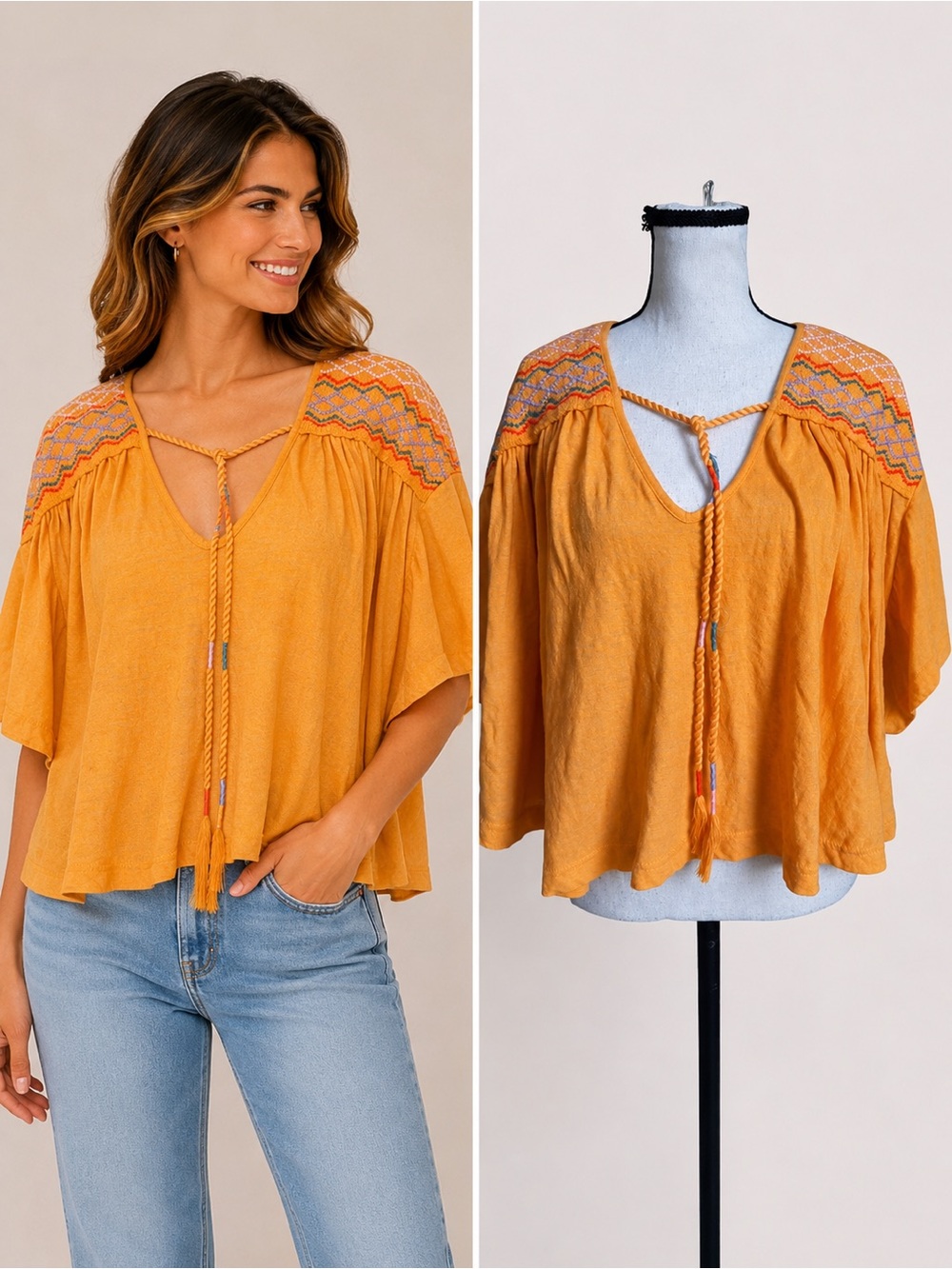 Free People Market Embroidered V-Neck Top Carrot  Orange NWT‎ Size Small Top
